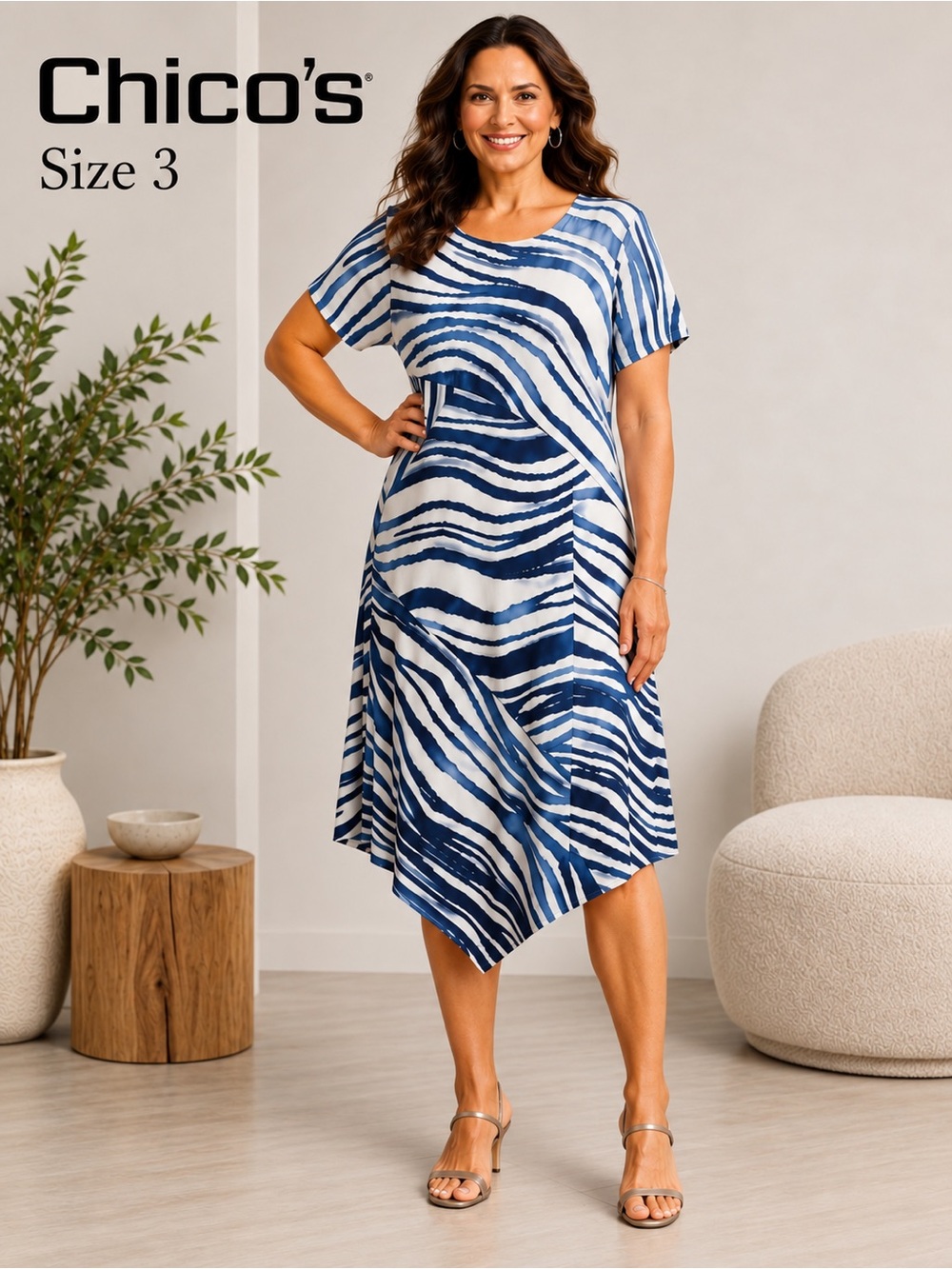 Chico's NWOT Zebra Print Midi Dress, Blue & White Abstract Top, Size 3 (XL)